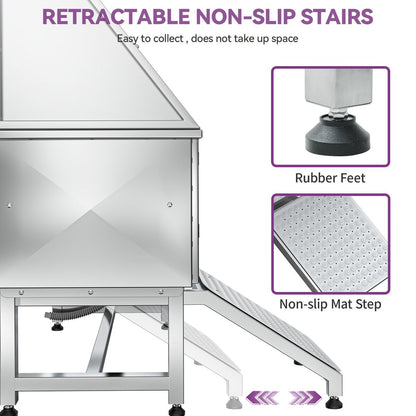 Vasca per toelettatura regolabile in acciaio inossidabile da 50'' con rampa - Argento