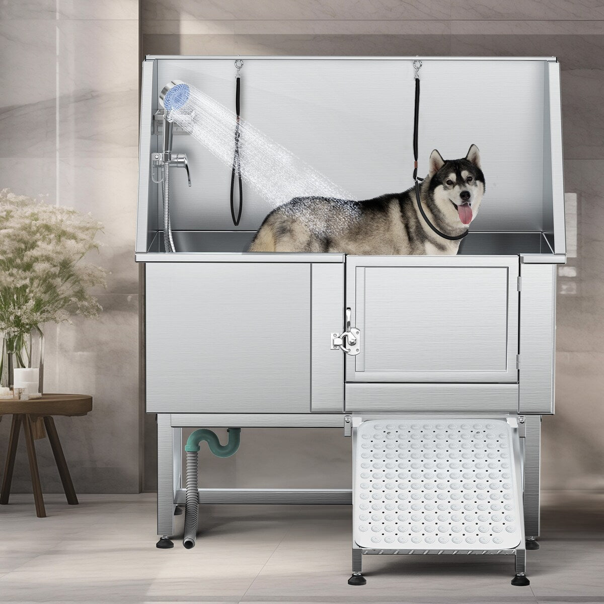 Vasca per toelettatura regolabile in acciaio inossidabile da 50'' con rampa - Argento