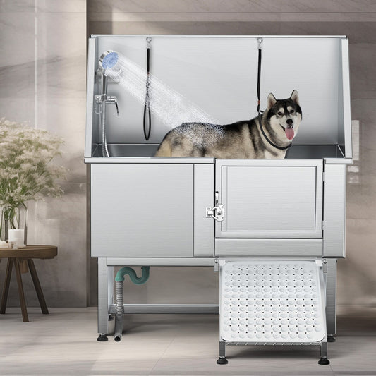 Vasca per toelettatura regolabile in acciaio inossidabile da 50'' con rampa - Argento