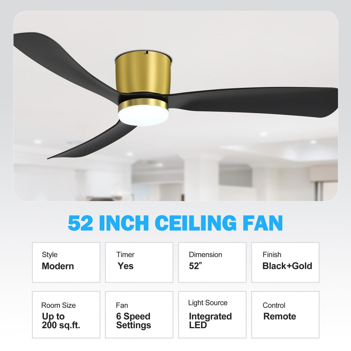Ventilatore da soffitto a LED da 52 pollici nero/bianco con telecomando (3 pale)