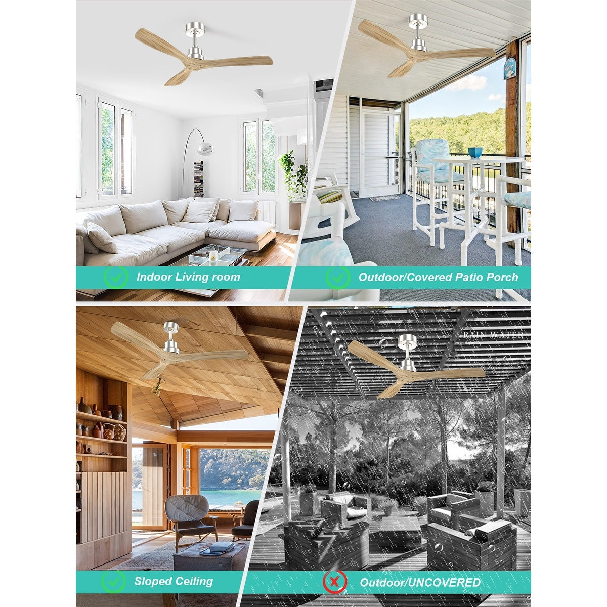 Ventilatore da soffitto in legno per interni Sofucor 52 con telecomando, luce integrata opzionale