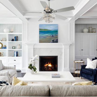 Ventilatore da soffitto moderno in cristallo cromato da 52 pollici con 5 pale in legno e telecomando