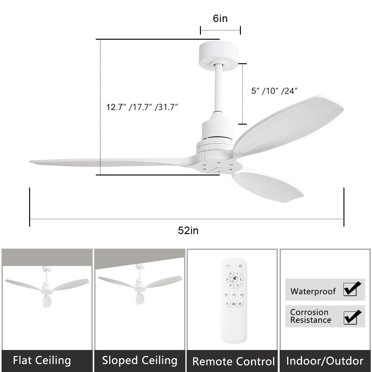 Ventilatore da soffitto moderno in legno massello/ABS da 52 pollici con telecomando (senza luce), 6 velocità del vento, flusso d'aria reversibile