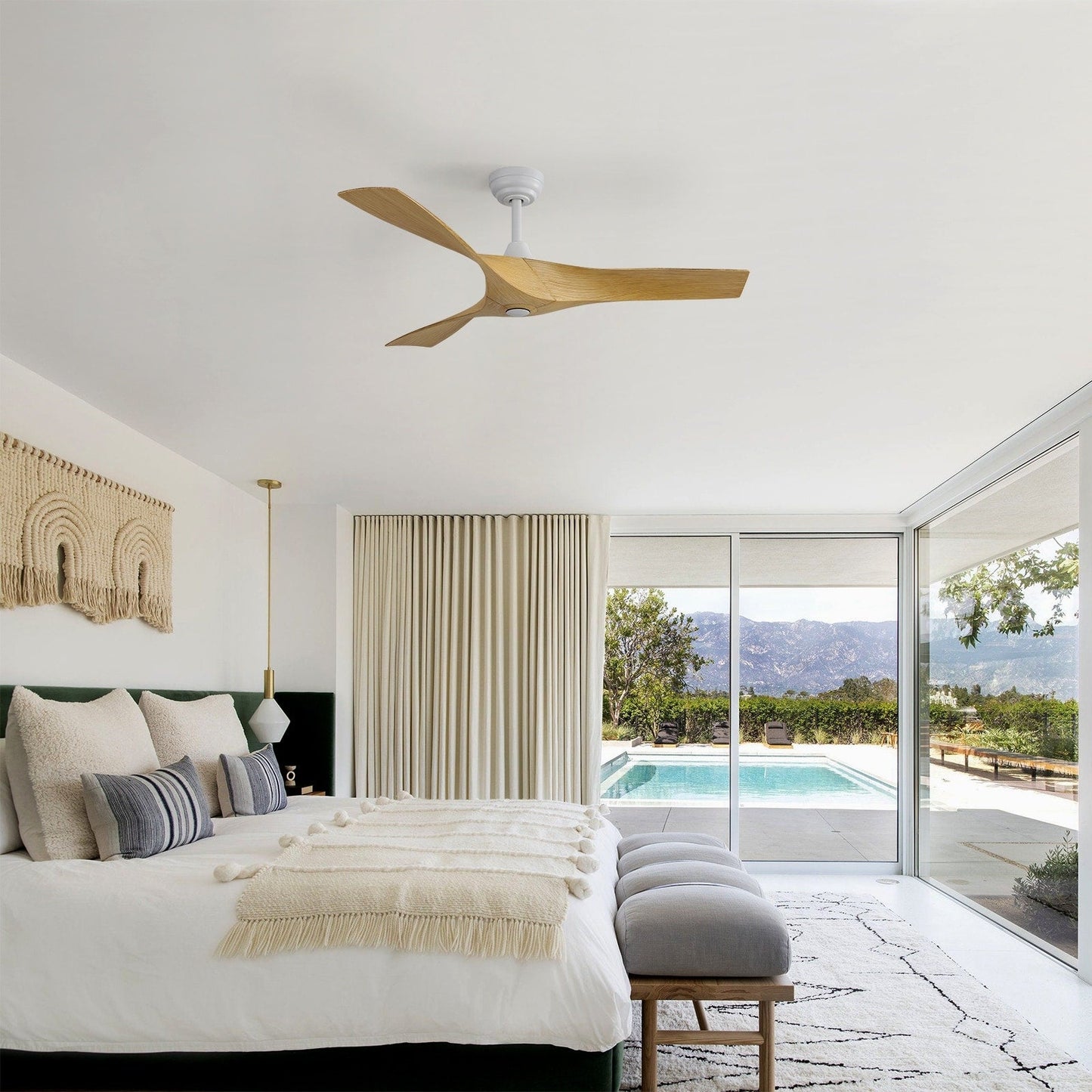 Ventilatore da soffitto moderno in legno massello/ABS da 52 pollici con telecomando (senza luce), 6 velocità del vento, flusso d'aria reversibile