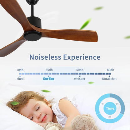 Ventilatore da soffitto moderno in legno massello/ABS da 52 pollici con telecomando (senza luce), 6 velocità del vento, flusso d'aria reversibile
