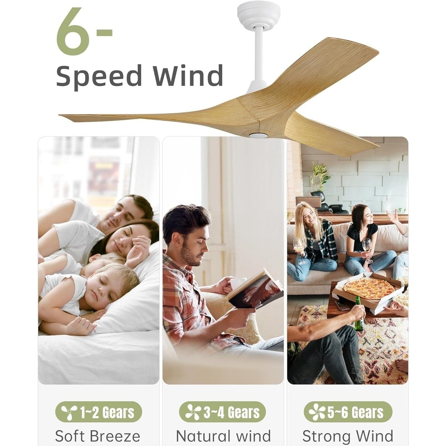 Ventilatore da soffitto moderno in legno massello/ABS da 52 pollici con telecomando (senza luce), 6 velocità del vento, flusso d'aria reversibile