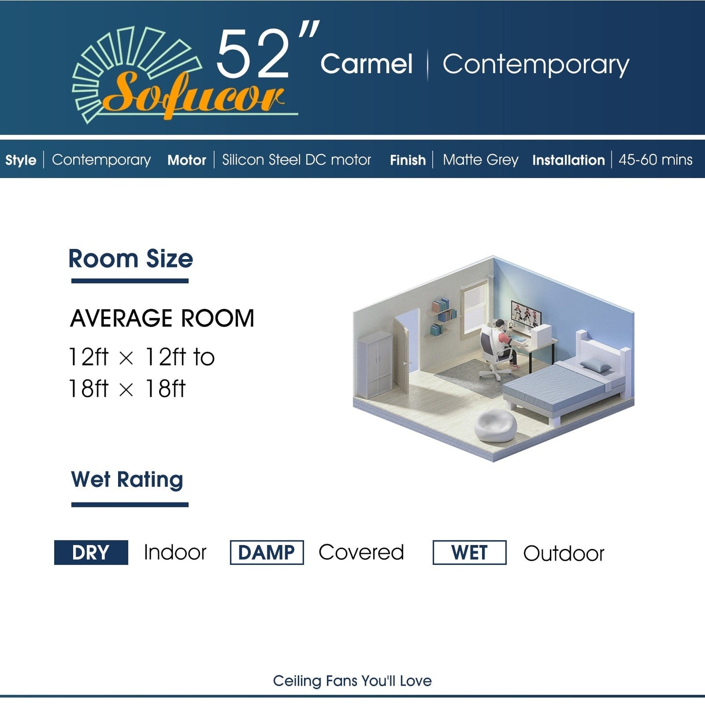 Ventilatore da soffitto moderno in legno massello/ABS da 52 pollici con telecomando (senza luce), 6 velocità del vento, flusso d'aria reversibile