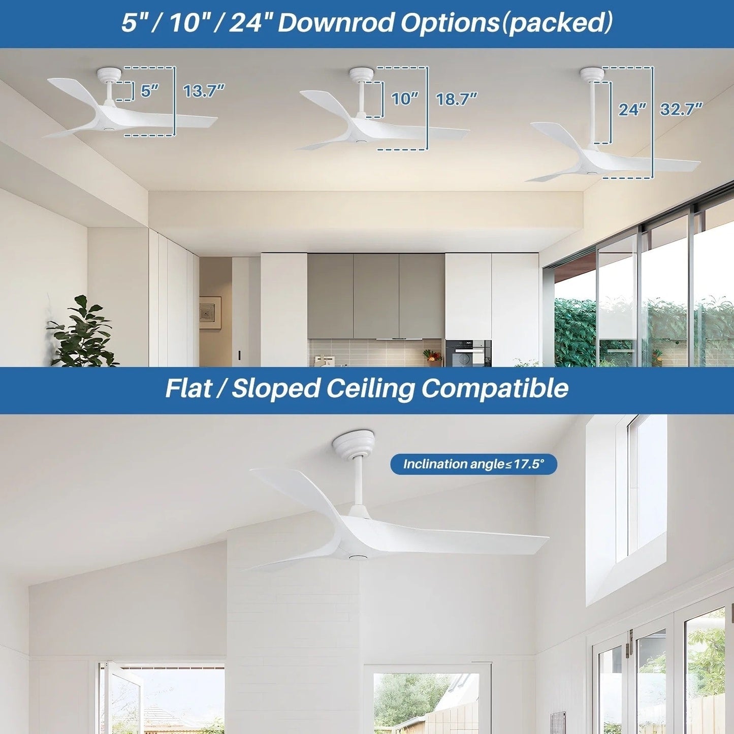 Ventilatore da soffitto moderno in legno massello/ABS da 52 pollici con telecomando (senza luce), 6 velocità del vento, flusso d'aria reversibile