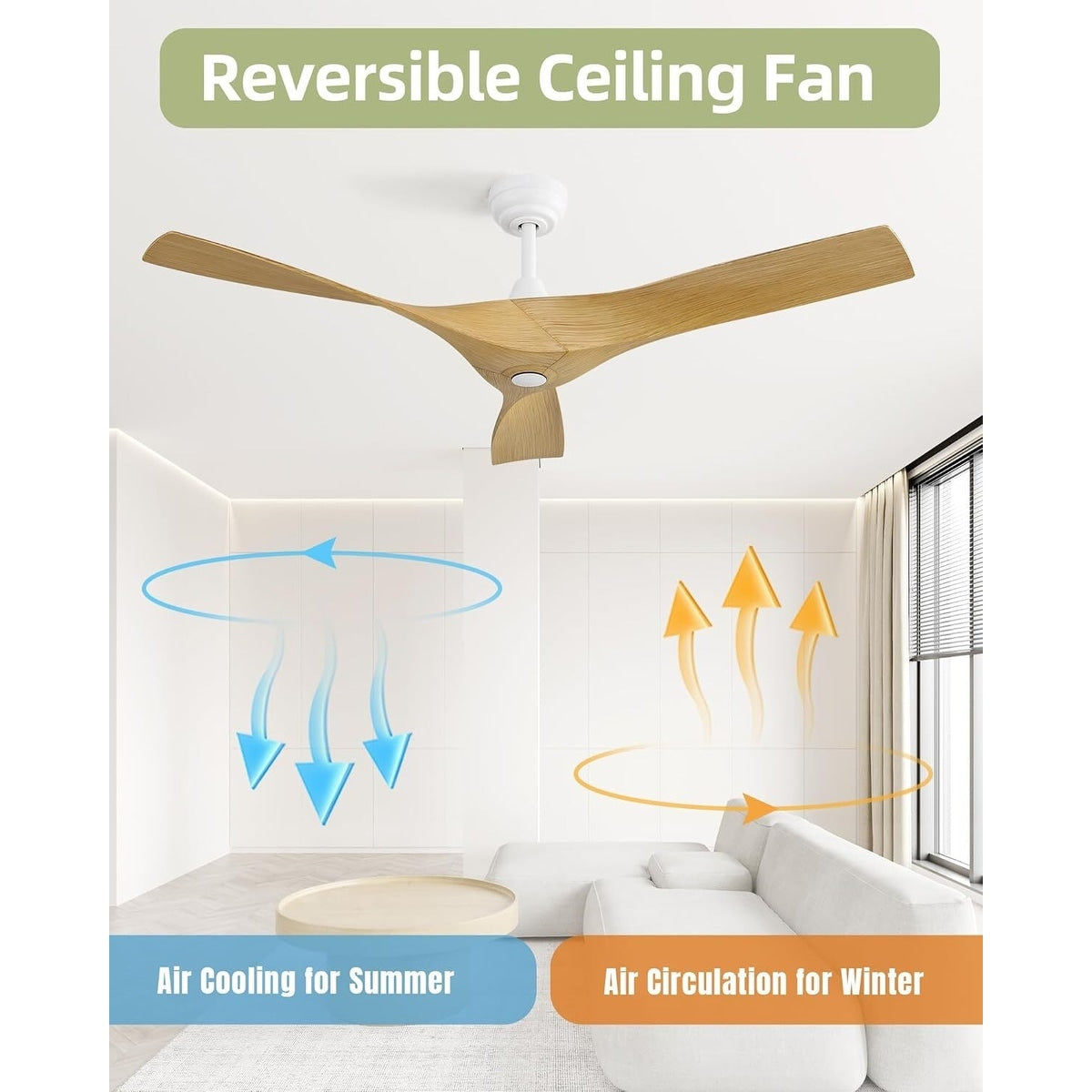 Ventilatore da soffitto moderno in legno massello/ABS da 52 pollici con telecomando (senza luce), 6 velocità del vento, flusso d'aria reversibile
