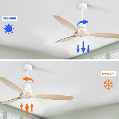Ventilatore da soffitto moderno in legno massello/ABS da 52 pollici con telecomando (senza luce), 6 velocità del vento, flusso d'aria reversibile