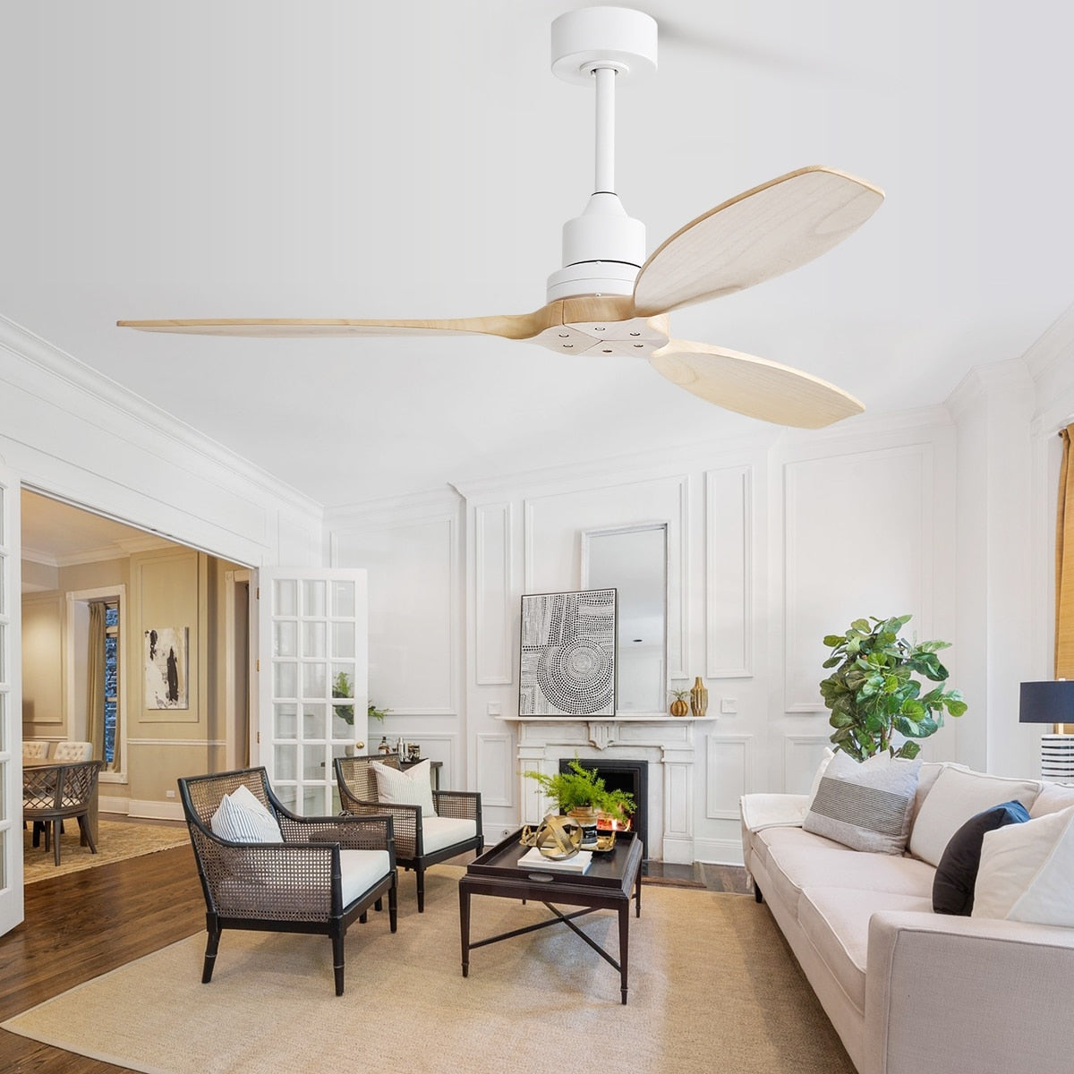 Ventilatore da soffitto moderno in legno massello/ABS da 52 pollici con telecomando (senza luce), 6 velocità del vento, flusso d'aria reversibile