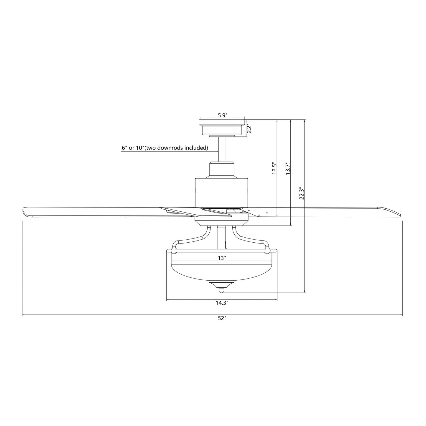 Ventilatore da soffitto reversibile in legno da 52 pollici con 5 pale e 3 luci e telecomando