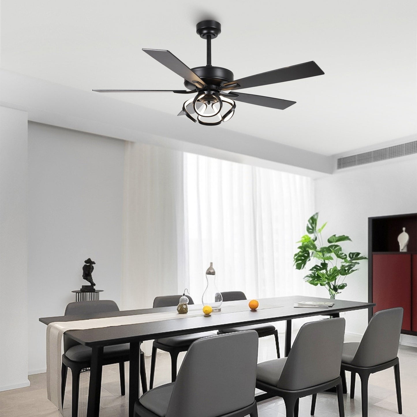 Ventilatore da soffitto moderno da interno cromato/nero da 52 pollici con telecomando e 5 pale reversibili