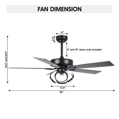 Ventilatore da soffitto moderno a LED dimmerabile da interno cromato/nero da 52 pollici con luce e telecomando