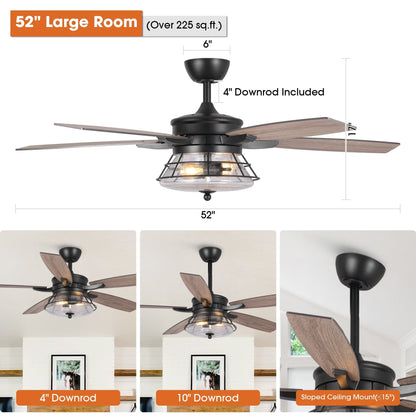 Ventilatore da soffitto decorativo industriale in vetro nero con 52 semi, con telecomando e kit luce