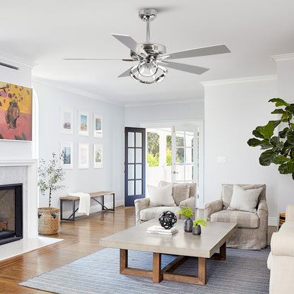 Ventilatore da soffitto moderno a LED dimmerabile da interno cromato/nero da 52 pollici con luce e telecomando