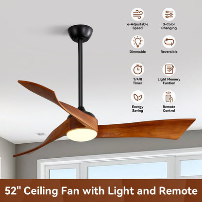 Ventilatori da soffitto in legno a 3 pale con luce LED dimmerabile e telecomando, motore CC reversibile a 6 velocità - 52 pollici