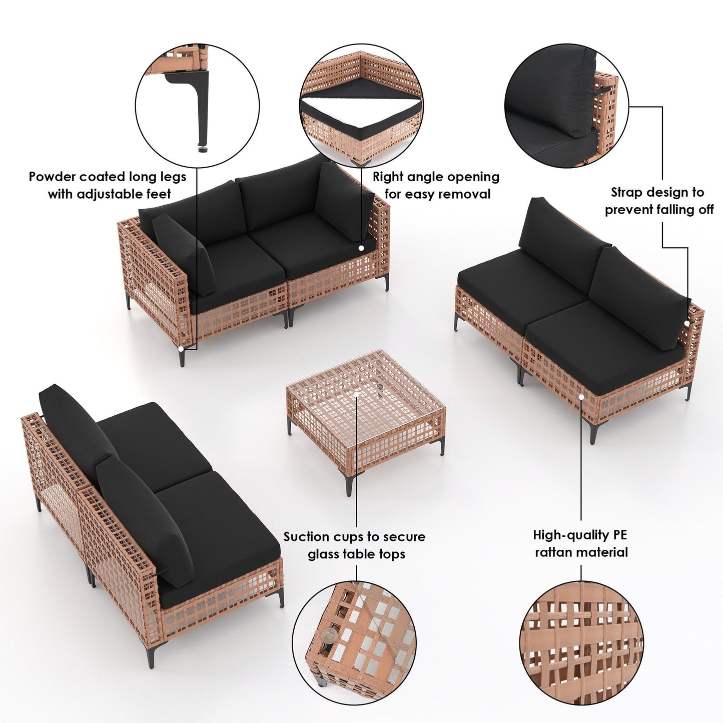 Gruppo di sedute componibili per esterni da 6 persone con cuscini