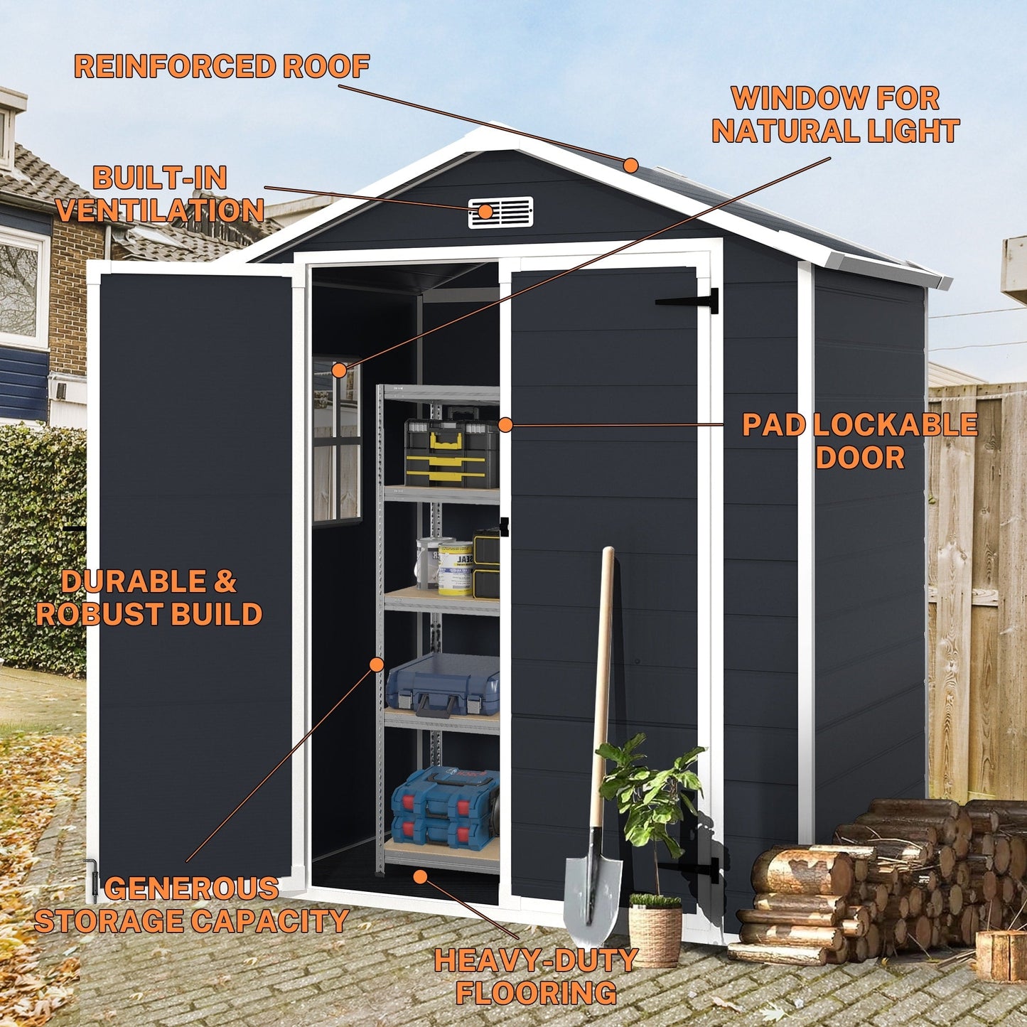 Capannone per attrezzi da esterno in resina resistente alle intemperie, 6 piedi x 4 piedi/6 piedi x 8 piedi/8 piedi x 6 piedi/8 piedi x 10 piedi, con pavimento, Spire Tool Shed