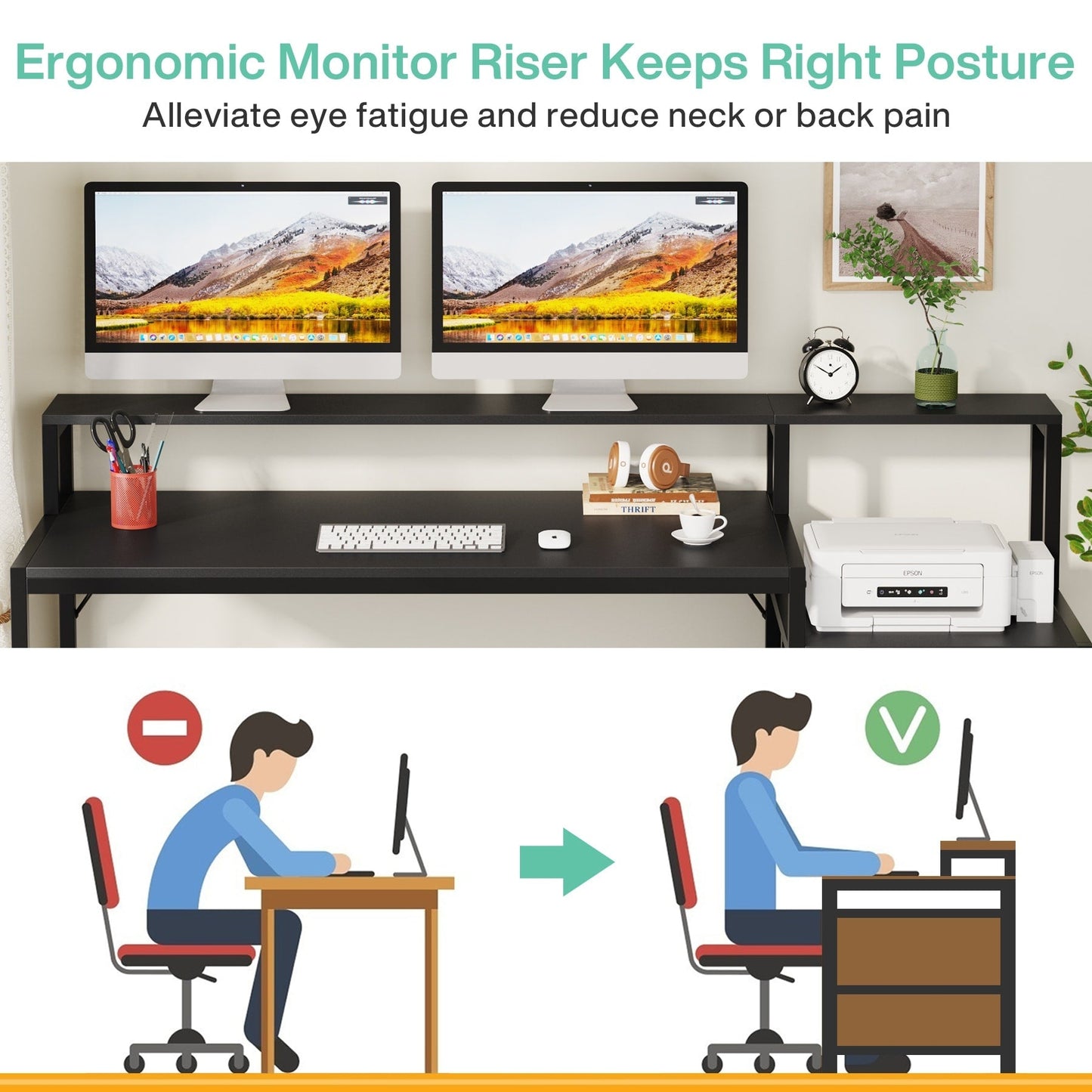 Scrivania per computer da 63 pollici con supporto per monitor, scrivanie ergonomiche per ufficio domestico con cassetti e schedario