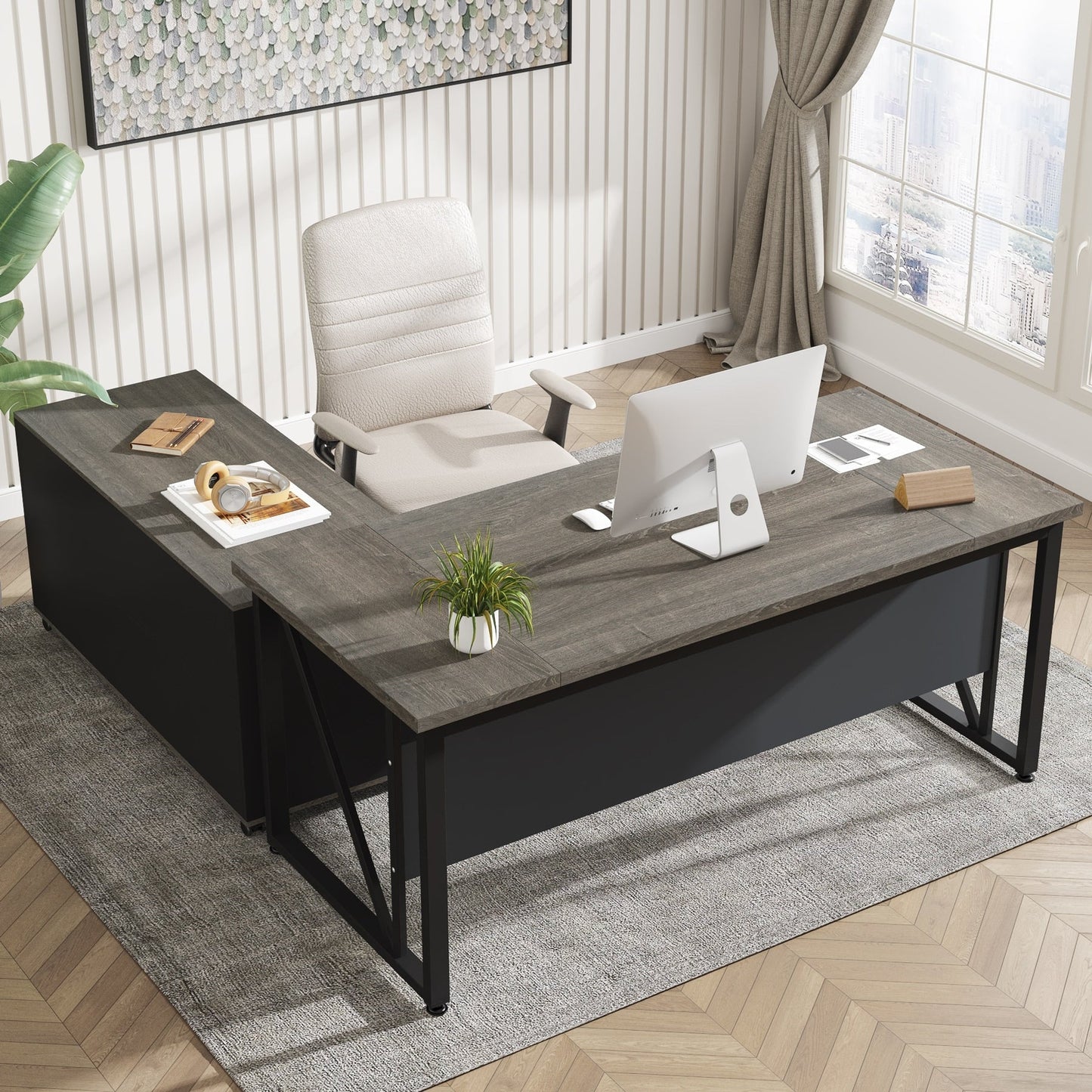 Scrivania per computer a L da 63 pollici con schedario laterale da 47 pollici, scrivania direzionale per ufficio domestico, set di scrivania