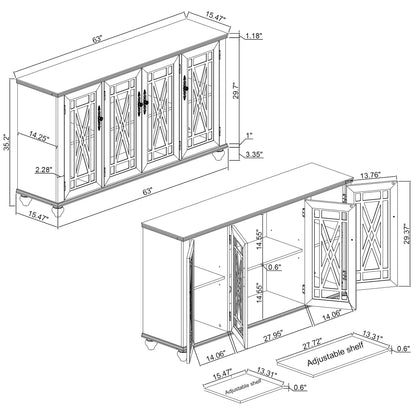 Credenza da cucina in legno in stile vintage da 63 pollici - Larghezza 63 pollici