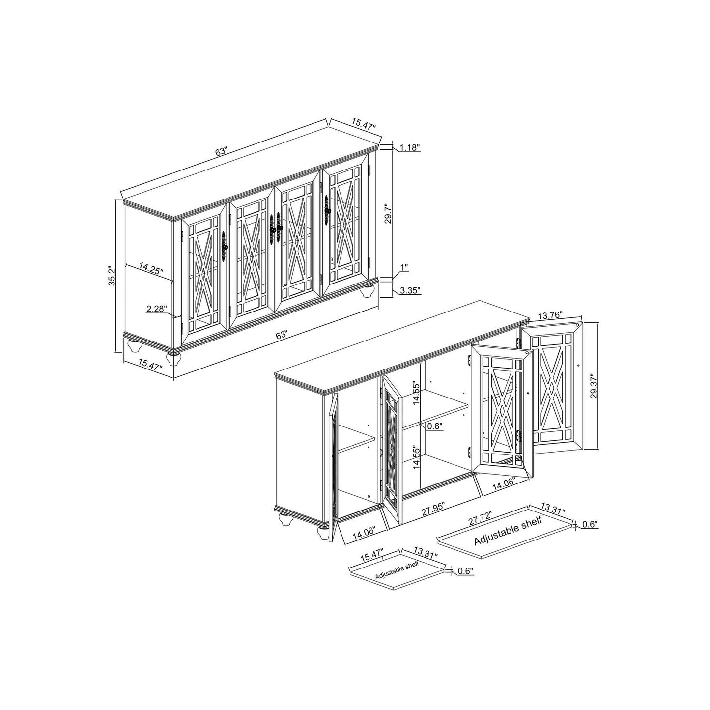 Credenza da cucina in legno in stile vintage da 63 pollici - Larghezza 63 pollici