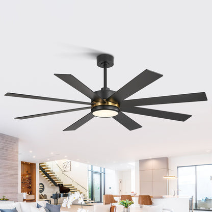 Ventilatore da soffitto a LED nero da 65 pollici a 8 pale con luce e telecomando
