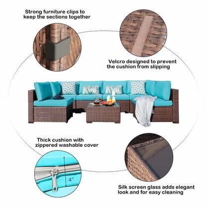 Set di divani componibili imbottiti da esterno in vimini/acciaio da 7 pezzi