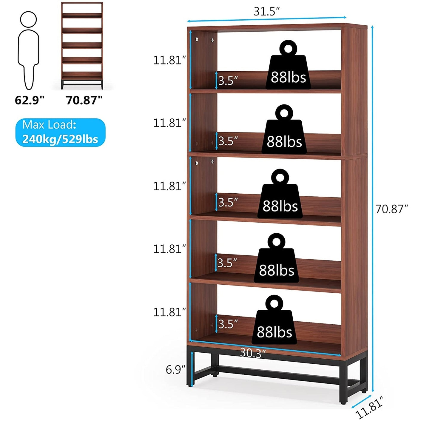 Libreria e scaffale alti 70,8 pollici, librerie grandi a 5 ripiani - 11,81 P x 31,5 L x 70,87 A