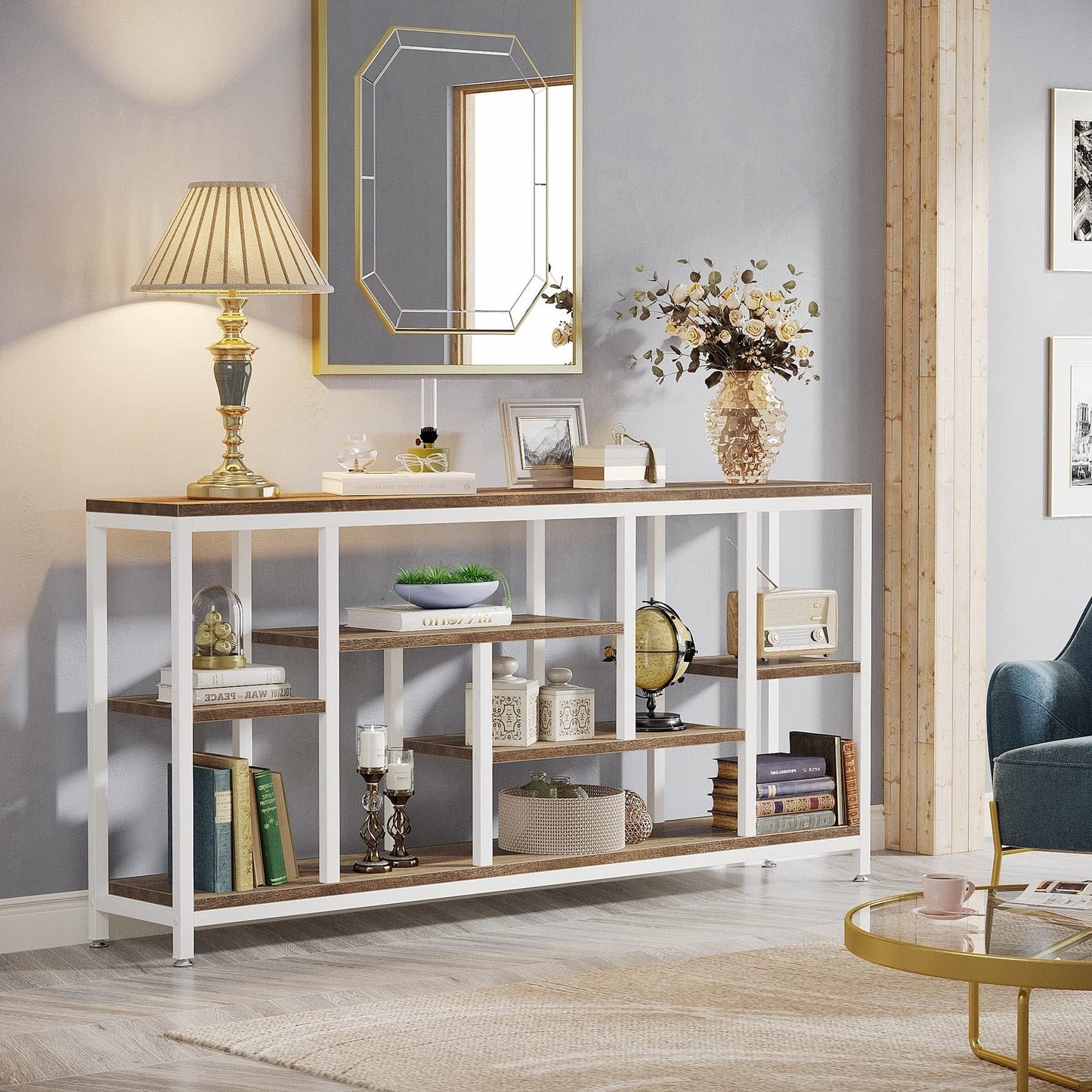 Tavolo da divano consolle da 70,9 pollici con contenitore, tavolo da ingresso a 3 livelli per corridoio