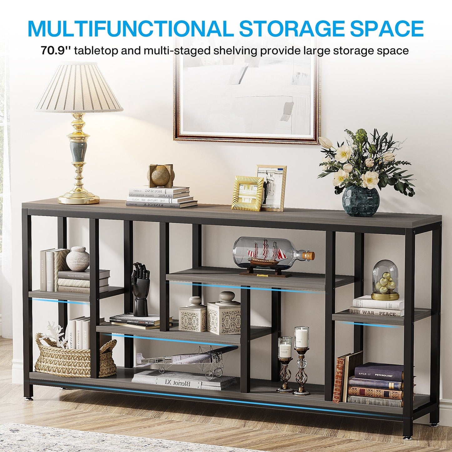 Tavolo da divano consolle da 70,9 pollici con contenitore, tavolo da ingresso a 3 livelli per corridoio