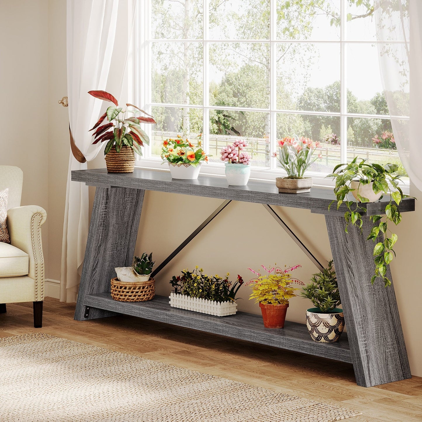 Tavolo da divano in legno rustico lungo 70,9 pollici con ripiano portaoggetti