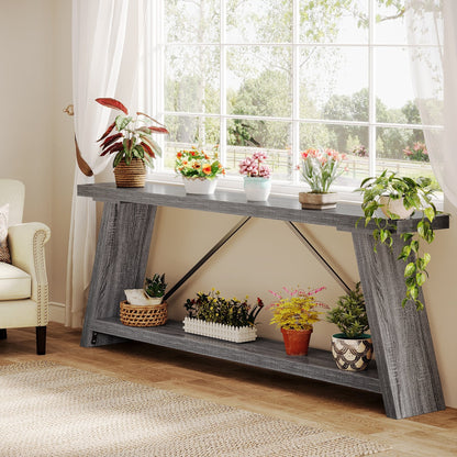 Tavolo da divano in legno rustico lungo 70,9 pollici con ripiano portaoggetti