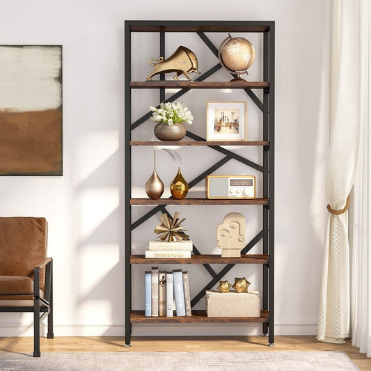 Libreria industriale 71, libreria Etagere in legno marrone rustico a 6 ripiani, ripiani aperti