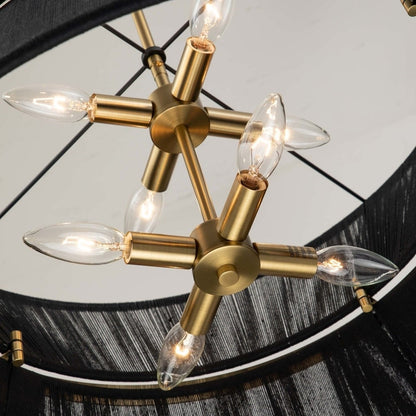 Lampadario a tamburo grande in stile boho moderno a 8 luci, lampadario a clessidra in tessuto intrecciato a mano da 24 pollici in oro/nero per sala da pranzo/soggiorno