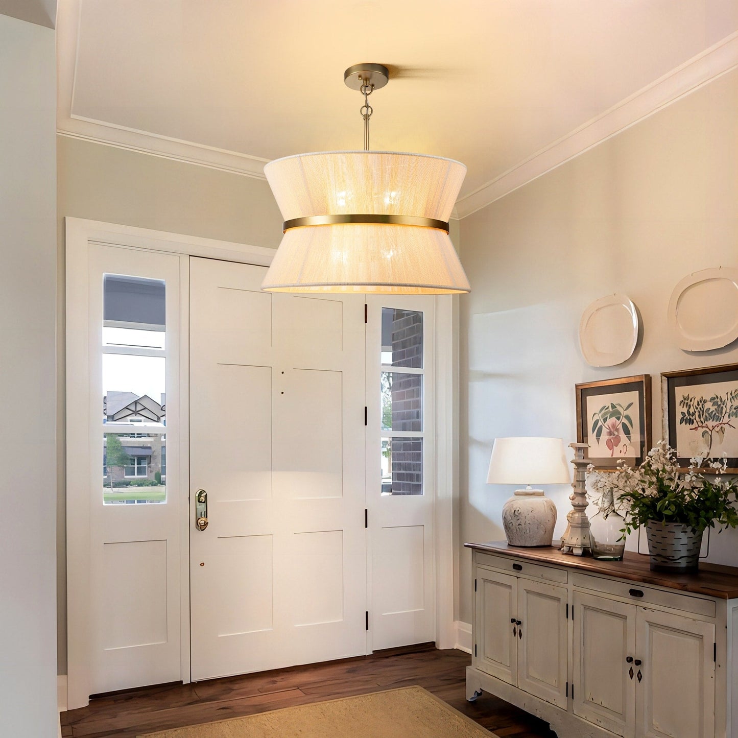 Lampadario a tamburo grande in stile boho moderno a 8 luci, lampadario a clessidra in tessuto intrecciato a mano da 24 pollici in oro/nero per sala da pranzo/soggiorno