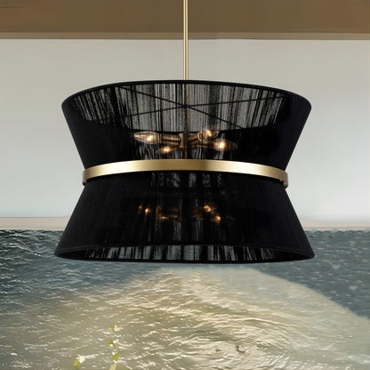 Lampadario a tamburo grande in stile boho moderno a 8 luci, lampadario a clessidra in tessuto intrecciato a mano da 24 pollici in oro/nero per sala da pranzo/soggiorno