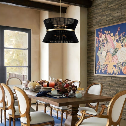 Lampadario a tamburo grande in stile boho moderno a 8 luci, lampadario a clessidra in tessuto intrecciato a mano da 24 pollici in oro/nero per sala da pranzo/soggiorno