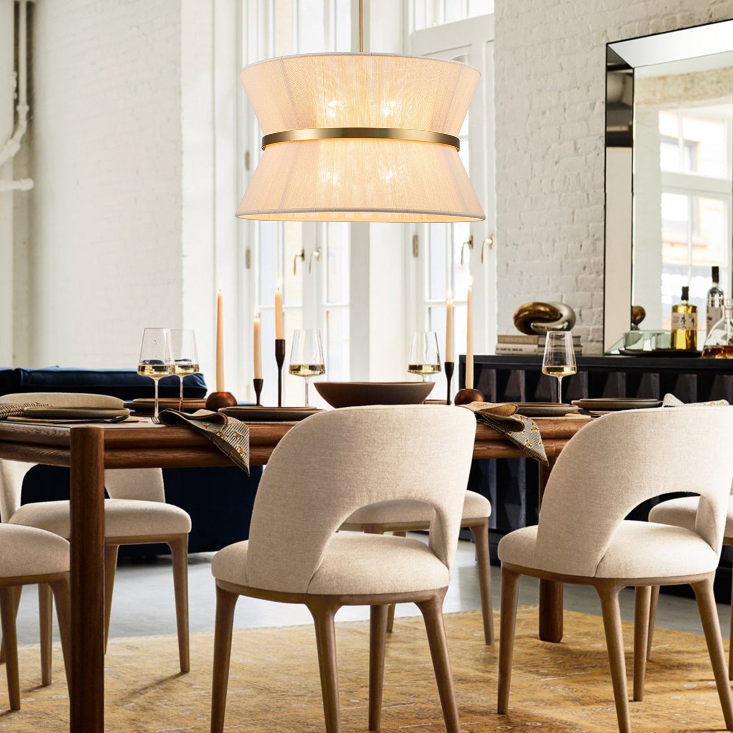 Lampadario a tamburo grande in stile boho moderno a 8 luci, lampadario a clessidra in tessuto intrecciato a mano da 24 pollici in oro/nero per sala da pranzo/soggiorno