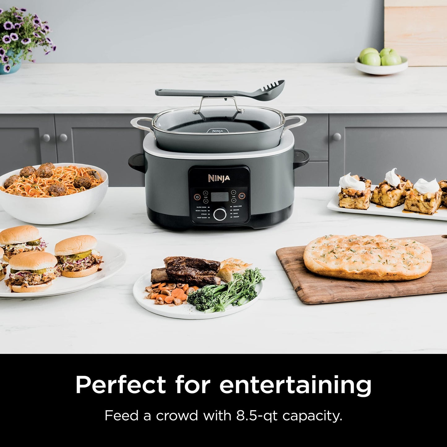 Multicooker da 8,5 litri, con pentola a cottura lenta 8 in 1, forno olandese, vaporiera, coperchio in vetro, cucchiaio integrato, pentola adatta al forno fino a 500 °F