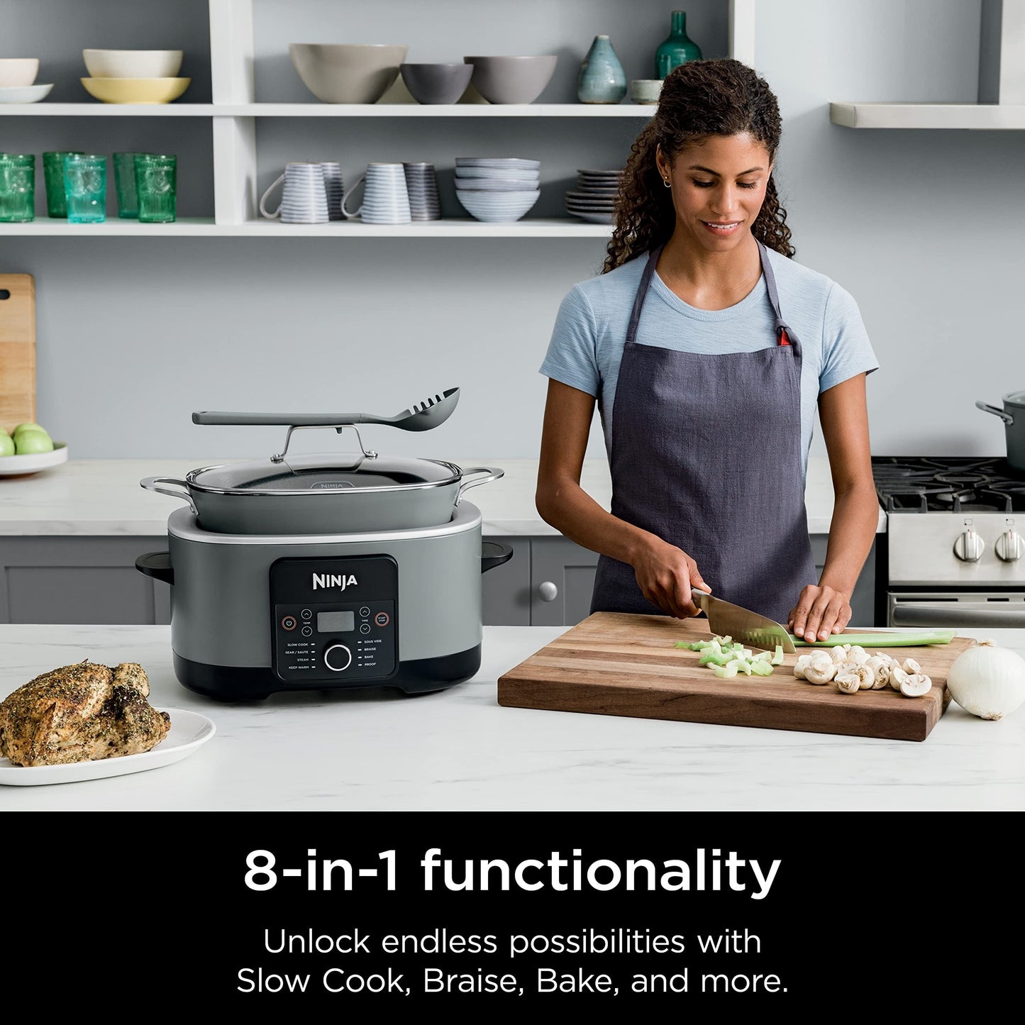 Multicooker da 8,5 litri, con pentola a cottura lenta 8 in 1, forno olandese, vaporiera, coperchio in vetro, cucchiaio integrato, pentola adatta al forno fino a 500 °F