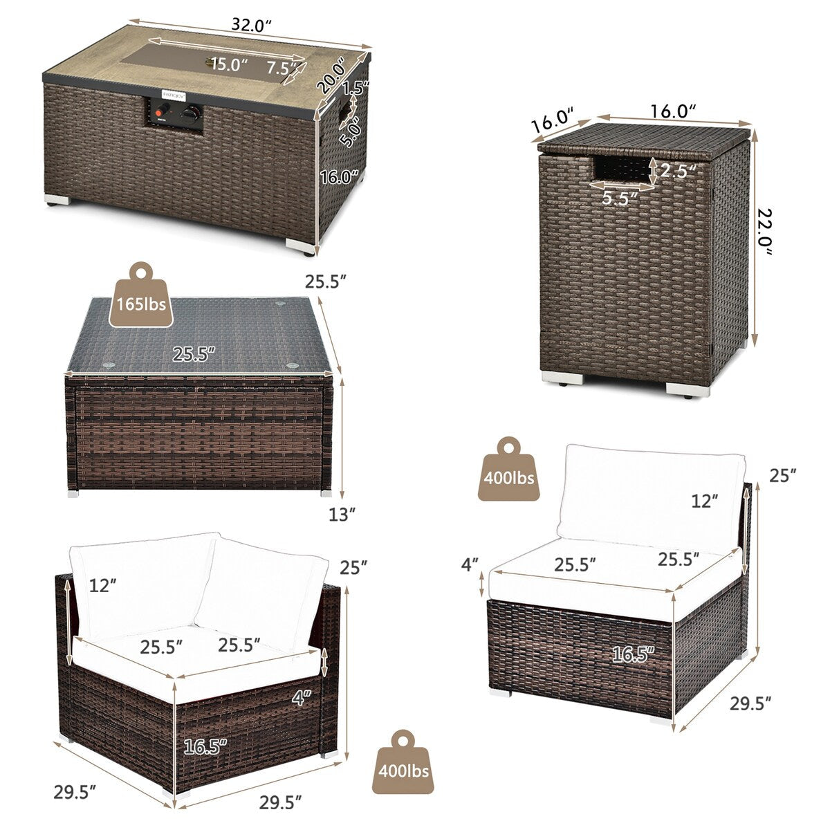 Set di 8 mobili da giardino in rattan, tavolo con braciere, supporto per serbatoio, copertura per terrazza