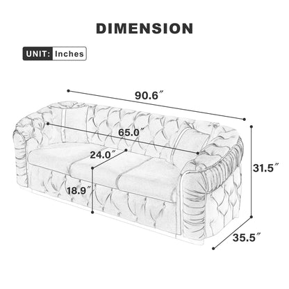 Divano a 3 posti in velluto 90.6 con 2 cuscini ad alta densità, dettagli dorati e cuscini