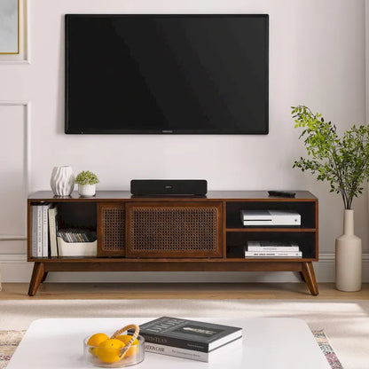 Mobile TV in legno color noce, stile moderno di metà secolo, con ante scorrevoli in rattan - 15,75 x 59,00 x 19,63