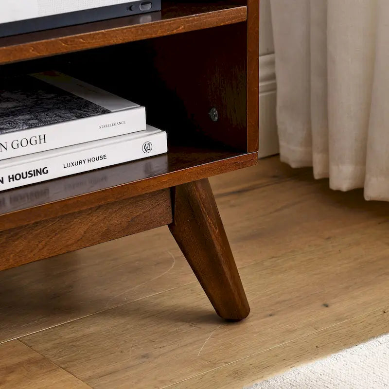 Mobile TV in legno color noce, stile moderno di metà secolo, con ante scorrevoli in rattan - 15,75 x 59,00 x 19,63