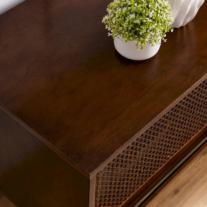 Mobile TV in legno color noce, stile moderno di metà secolo, con ante scorrevoli in rattan - 15,75 x 59,00 x 19,63