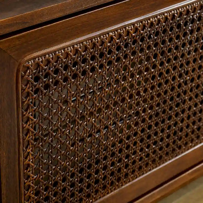 Mobile TV in legno color noce, stile moderno di metà secolo, con ante scorrevoli in rattan - 15,75 x 59,00 x 19,63