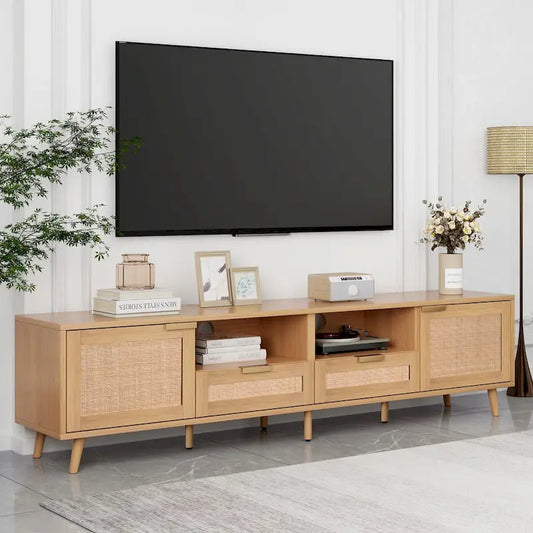 Wood Rattan TV Stand Modern Farmhouse Storage Cabinet For 85 inch TV - 14.60 x 78.74 x 18.90