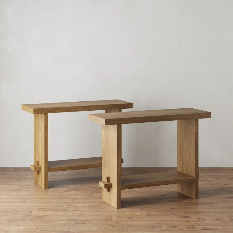 Tavolo consolle Nathan James Virgo Farmhouse a 2 livelli con finitura in legno spazzolato